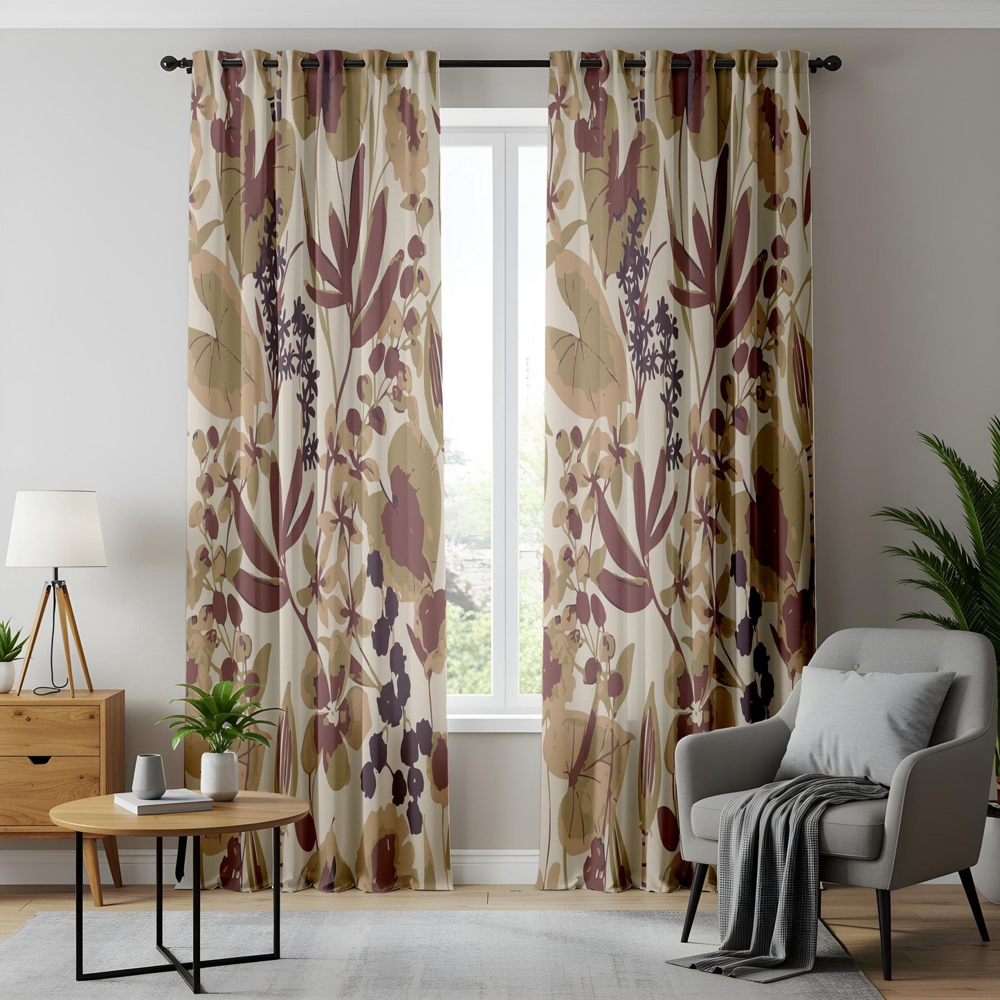 Onay Vintage Floral Curtains – Beige and Burgundy Botanical Drapes for Rustic Nature-Inspired Interiors