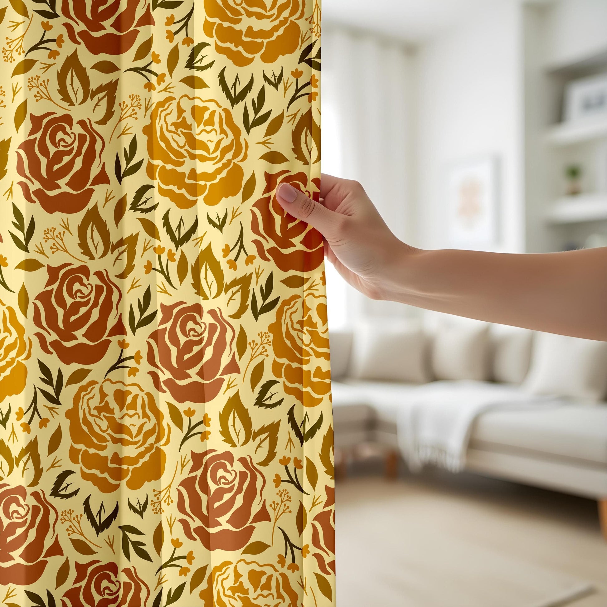 Onay Vintage Floral Curtains – Retro Mustard & Rust Rose Cottagecore Drapes