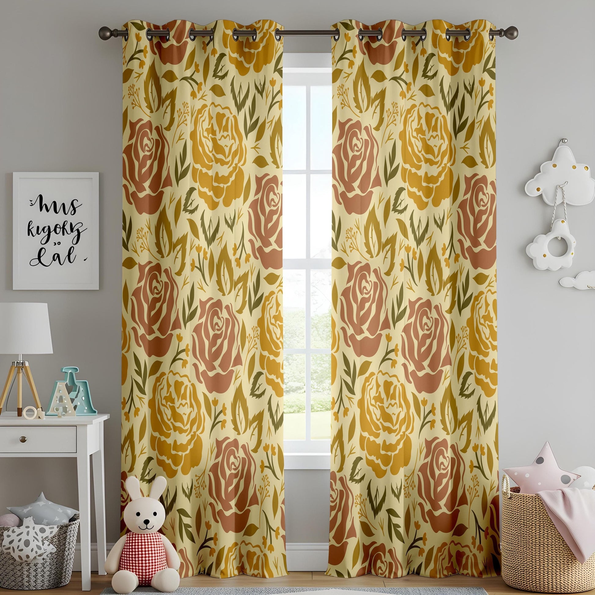 Onay Vintage Floral Curtains – Retro Mustard & Rust Rose Cottagecore Drapes