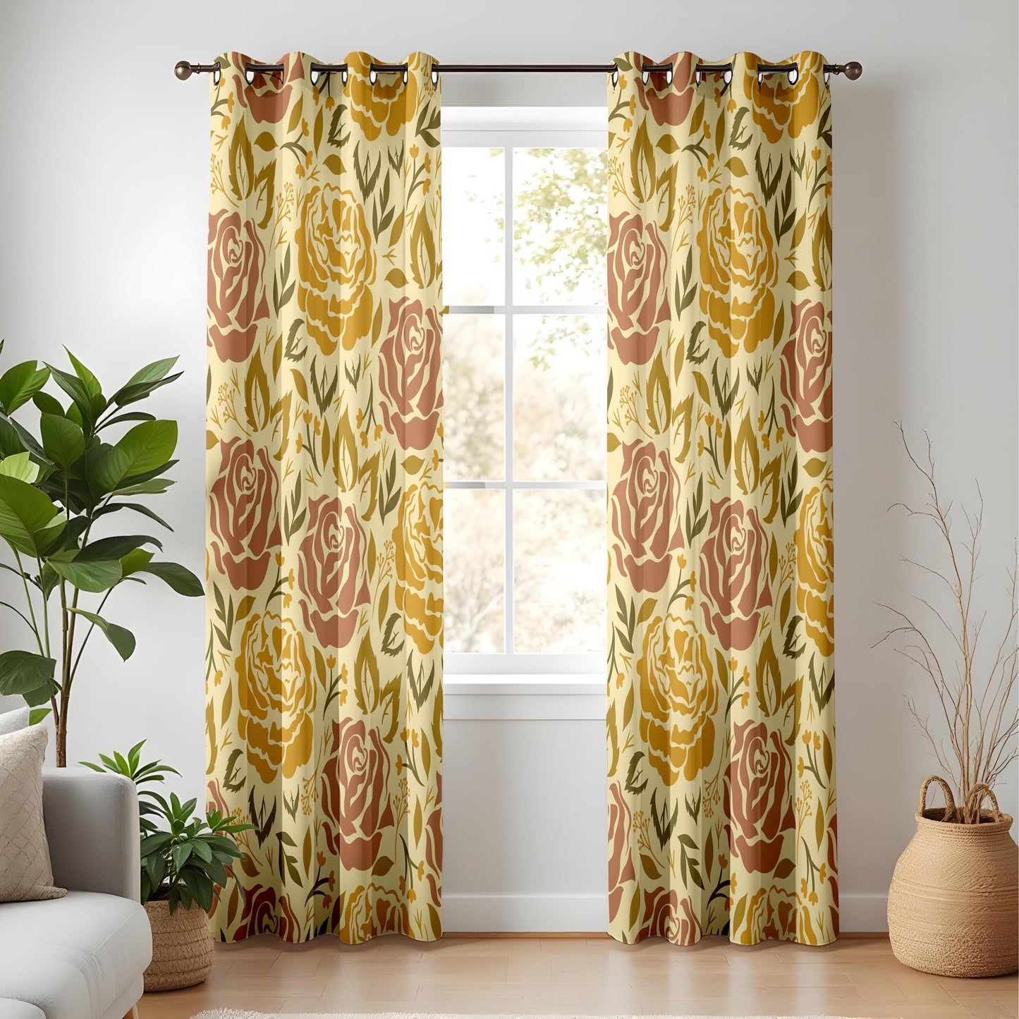 Onay Vintage Floral Curtains – Retro Mustard & Rust Rose Cottagecore Drapes