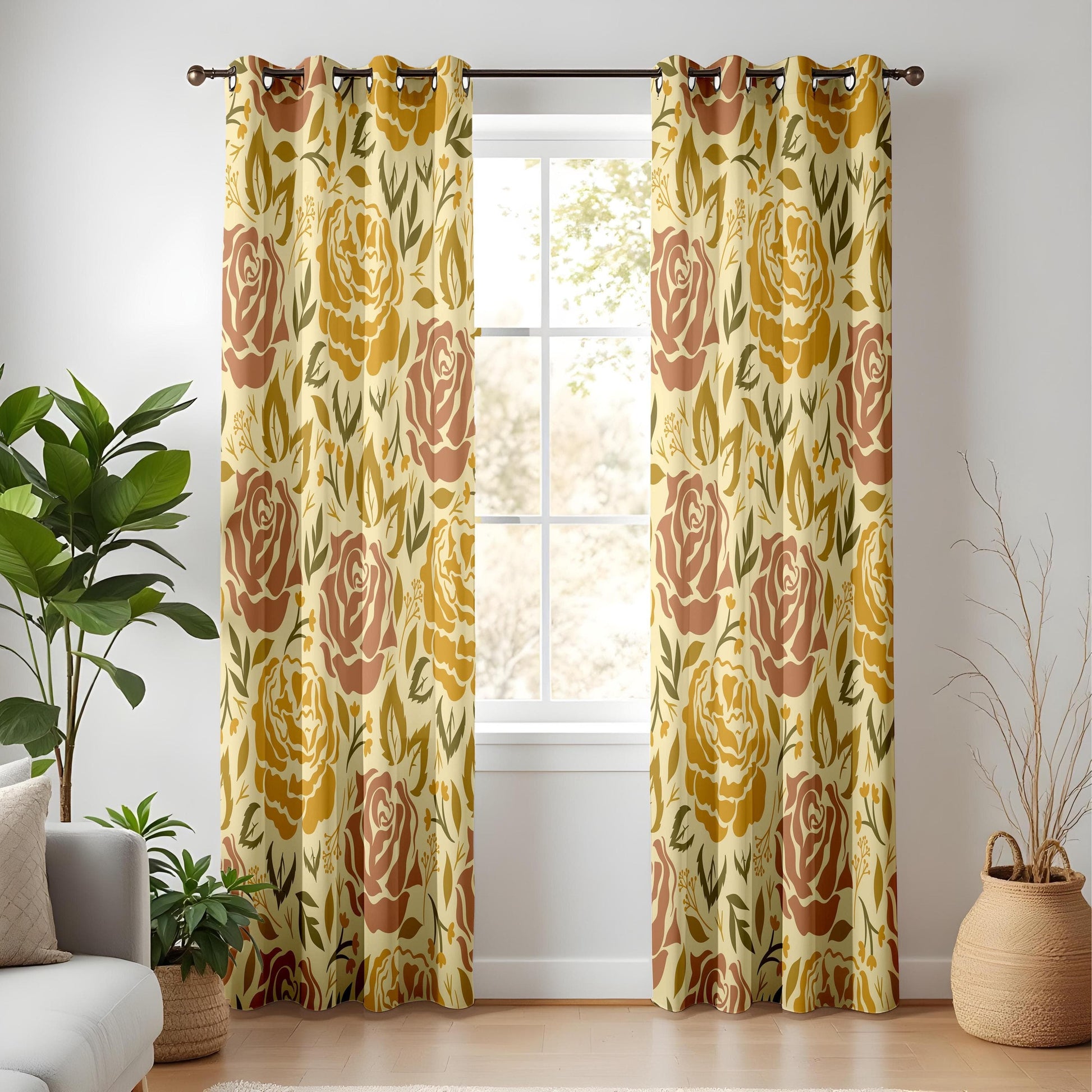 Onay Vintage Floral Curtains – Retro Mustard & Rust Rose Cottagecore Drapes