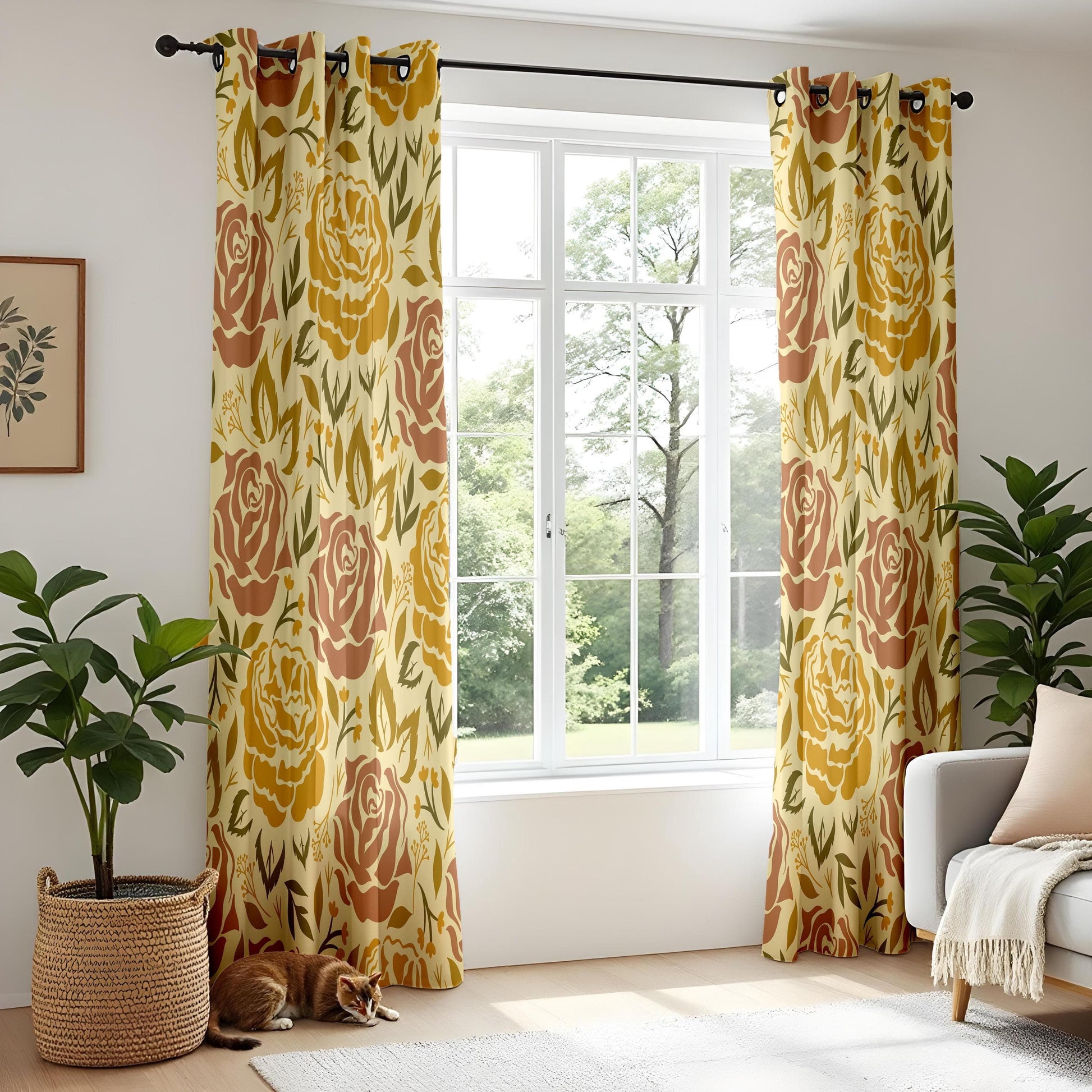 Onay Vintage Floral Curtains – Retro Mustard & Rust Rose Cottagecore Drapes