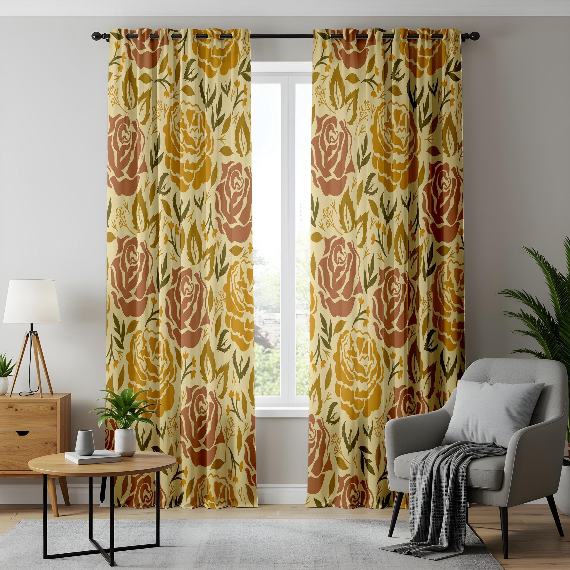 Onay Vintage Floral Curtains – Retro Mustard & Rust Rose Cottagecore Drapes