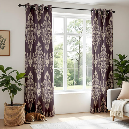 Onay Vintage Floral Damask Curtains Deep Plum Drapes with Ornate Retro Design