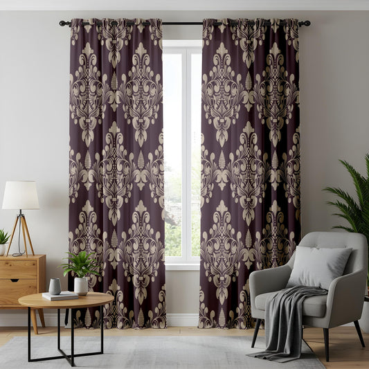 Onay Vintage Floral Damask Curtains Deep Plum Drapes with Ornate Retro Design