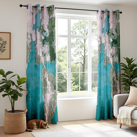 Onay Vintage Map Curtains – Distressed Blue & Green Drapes with Rustic World Map Design for Travel-Inspired