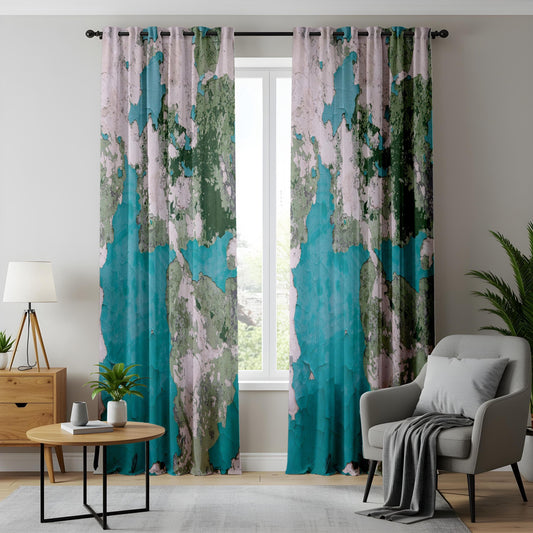Onay Vintage Map Curtains – Distressed Blue & Green Drapes with Rustic World Map Design for Travel-Inspired
