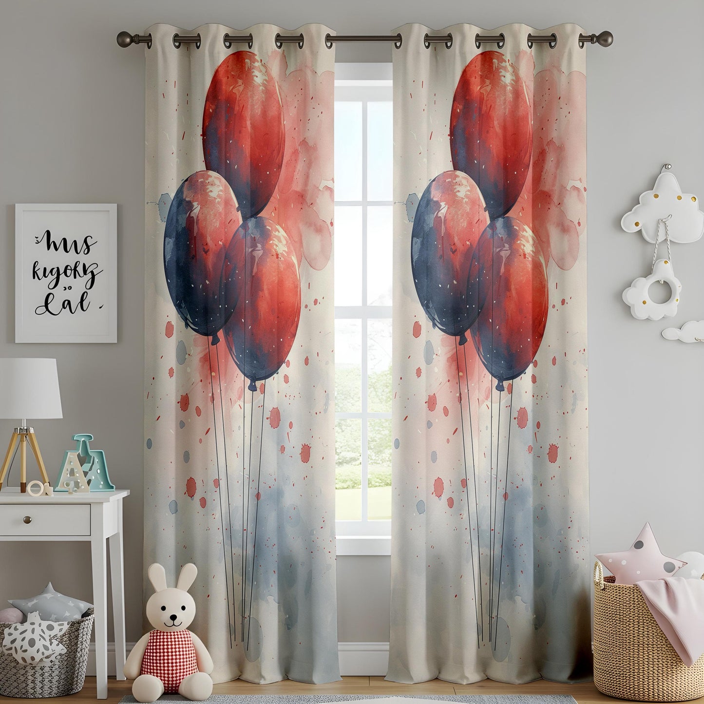 Onay Watercolor Balloon Window Curtains, Abstract Red & Blue Celebration Drapes