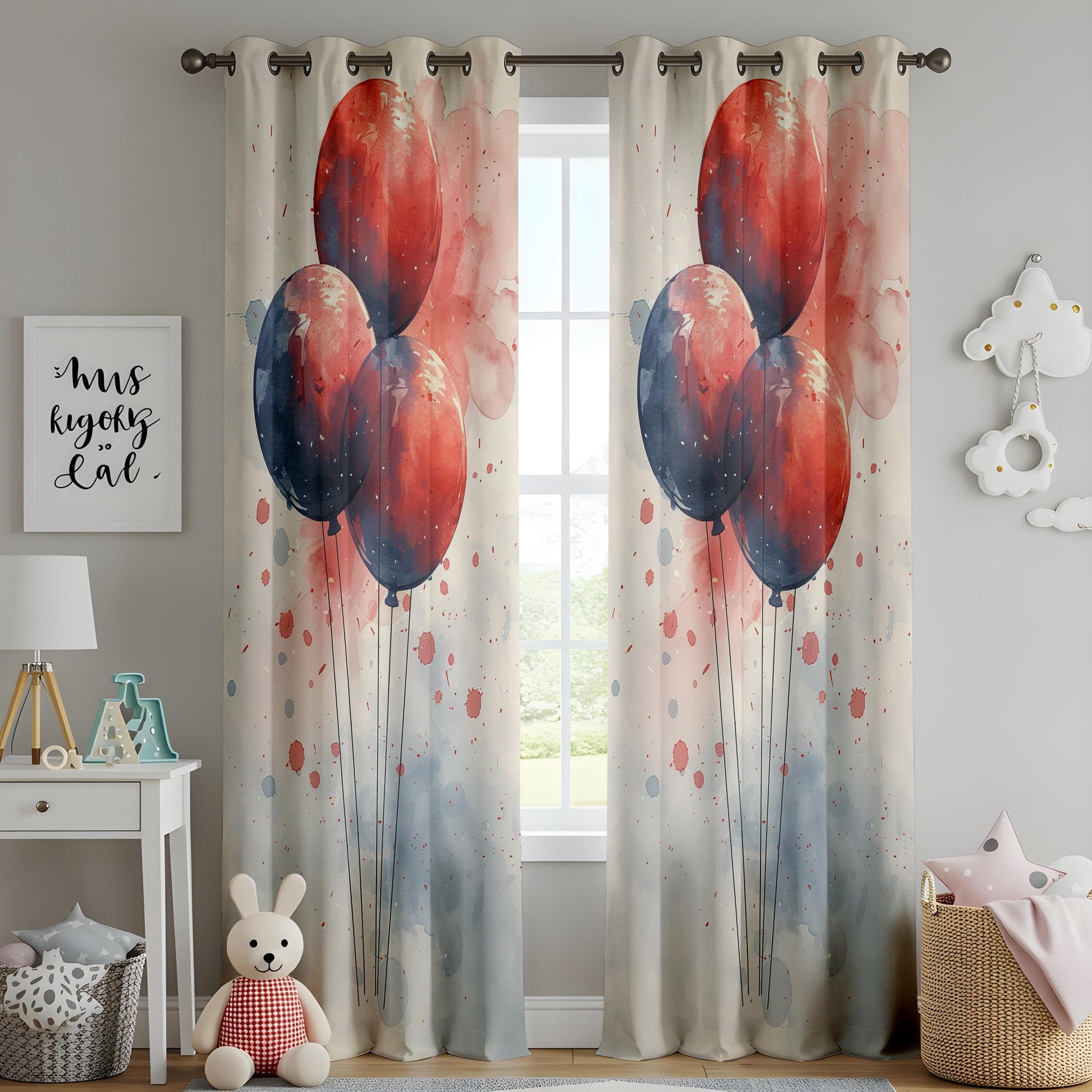 Onay Watercolor Balloon Window Curtains, Abstract Red & Blue Celebration Drapes