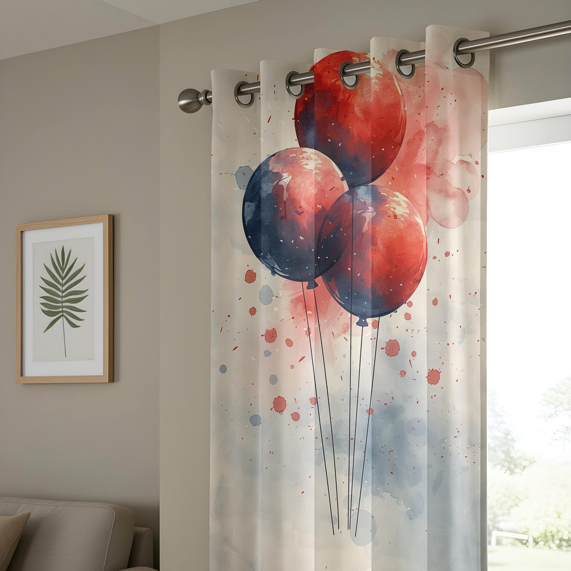 Onay Watercolor Balloon Window Curtains, Abstract Red & Blue Celebration Drapes