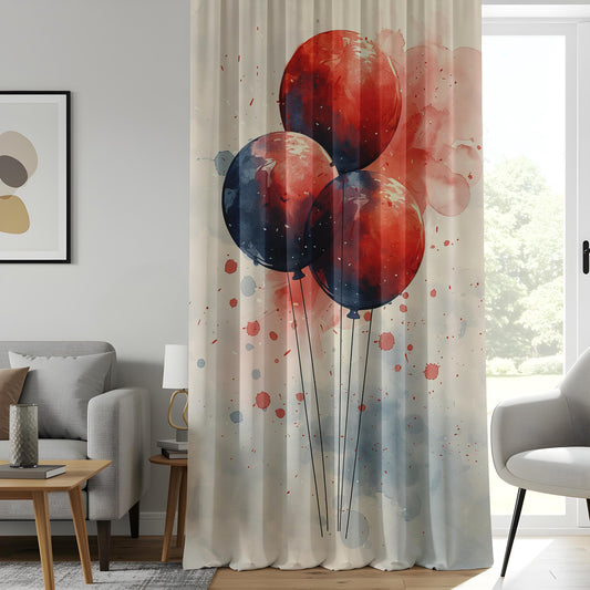 Onay Watercolor Balloon Window Curtains, Abstract Red & Blue Celebration Drapes