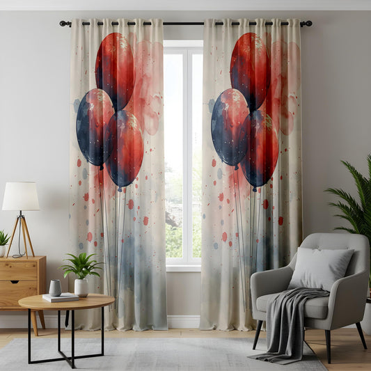 Onay Watercolor Balloon Window Curtains, Abstract Red & Blue Celebration Drapes
