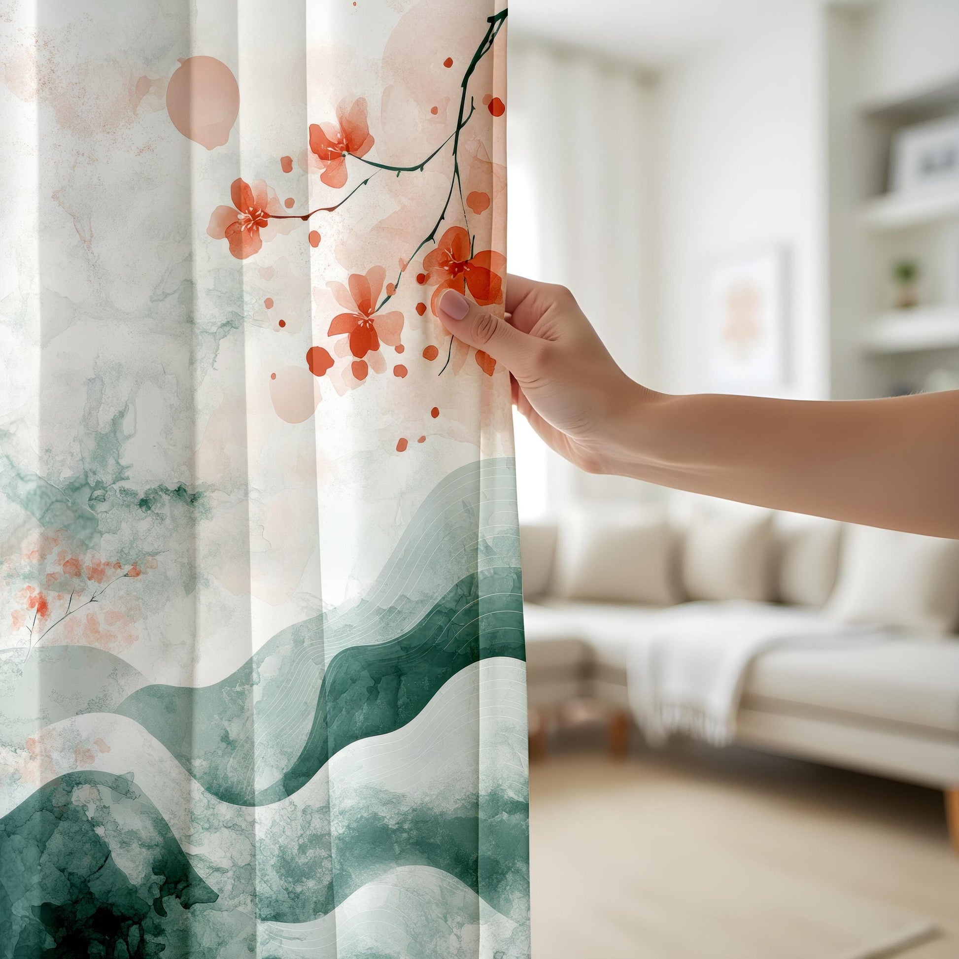 Onay Watercolor Cherry Blossom Curtains, Asian-Inspired Artistic Drapes