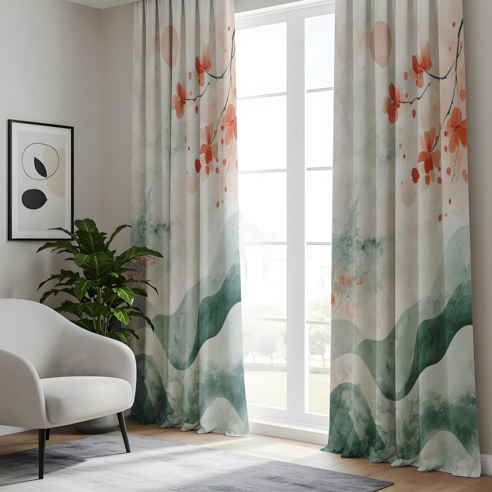 Onay Watercolor Cherry Blossom Curtains, Asian-Inspired Artistic Drapes