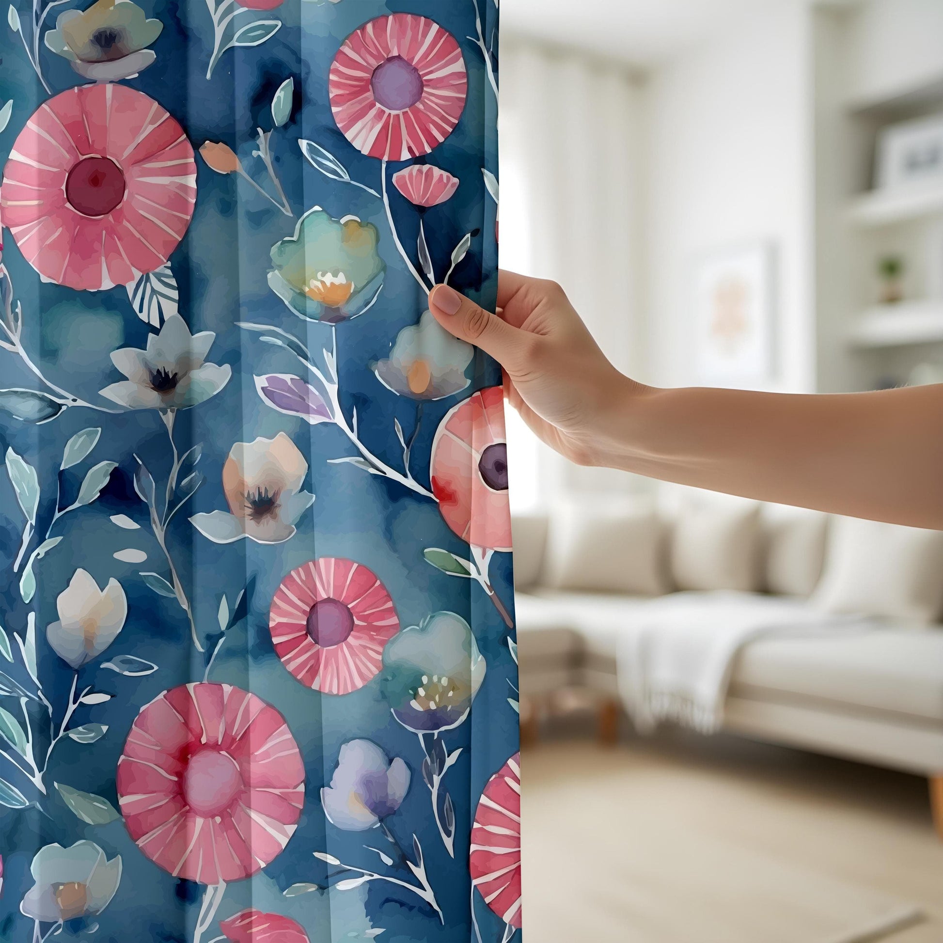 Onay Watercolor Floral Living Room Curtains, Pink and Blue Botanical Drapes