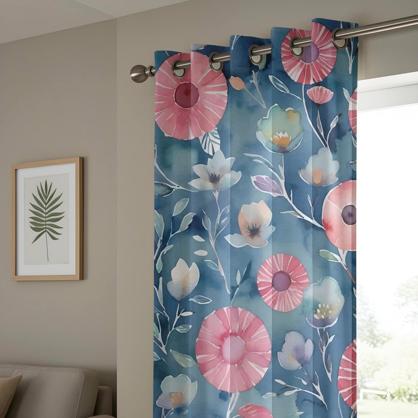 Onay Watercolor Floral Living Room Curtains, Pink and Blue Botanical Drapes