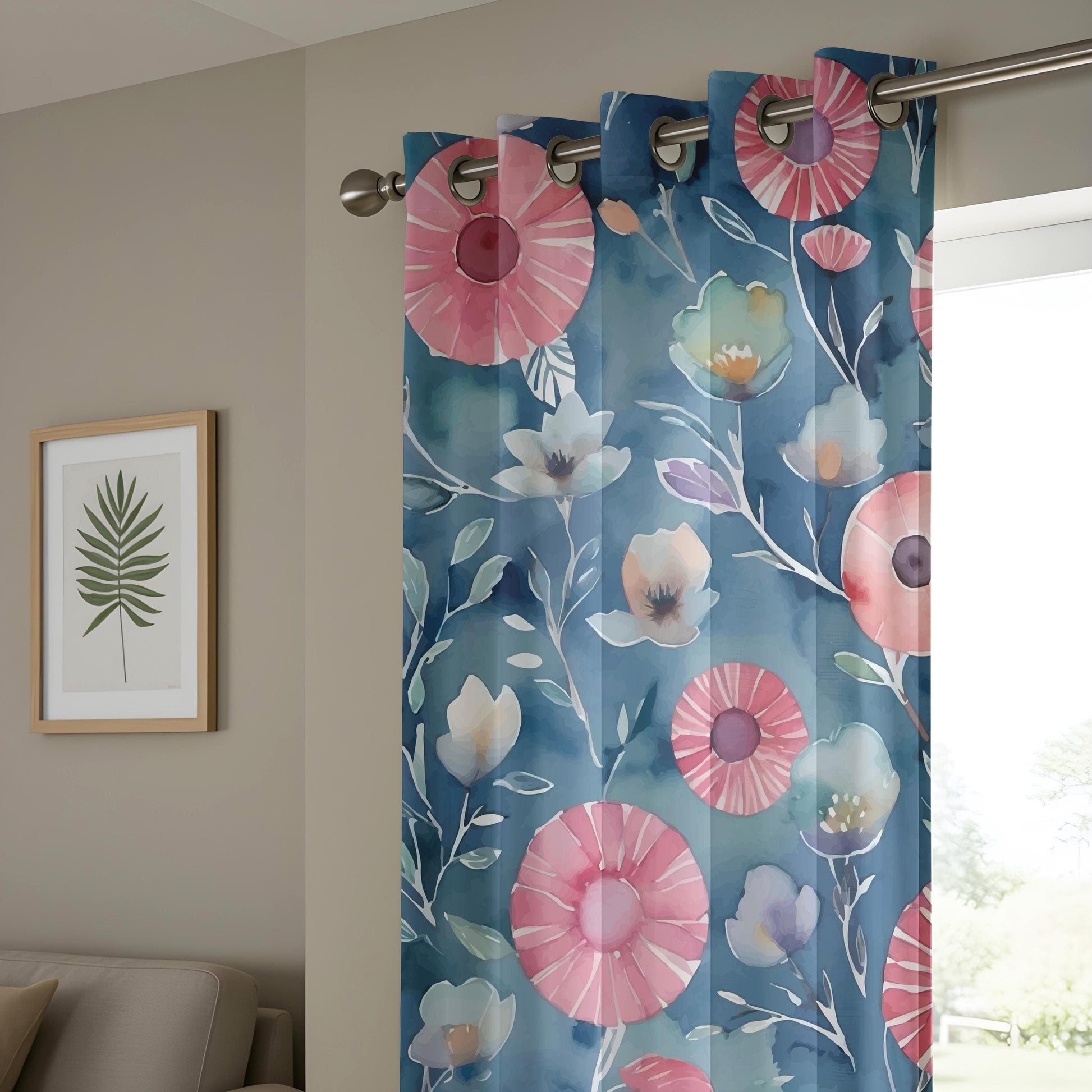 Onay Watercolor Floral Living Room Curtains, Pink and Blue Botanical Drapes