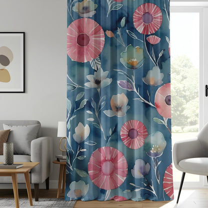 Onay Watercolor Floral Living Room Curtains, Pink and Blue Botanical Drapes