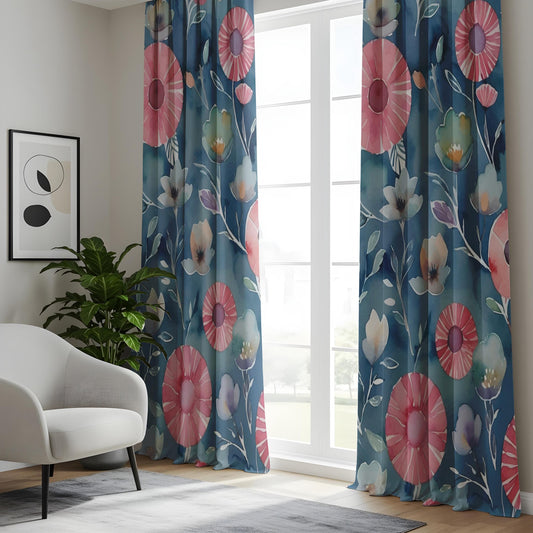 Onay Watercolor Floral Living Room Curtains, Pink and Blue Botanical Drapes