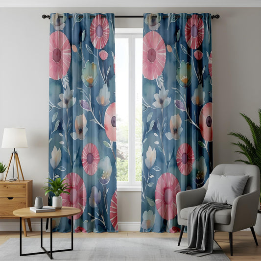 Onay Watercolor Floral Living Room Curtains, Pink and Blue Botanical Drapes