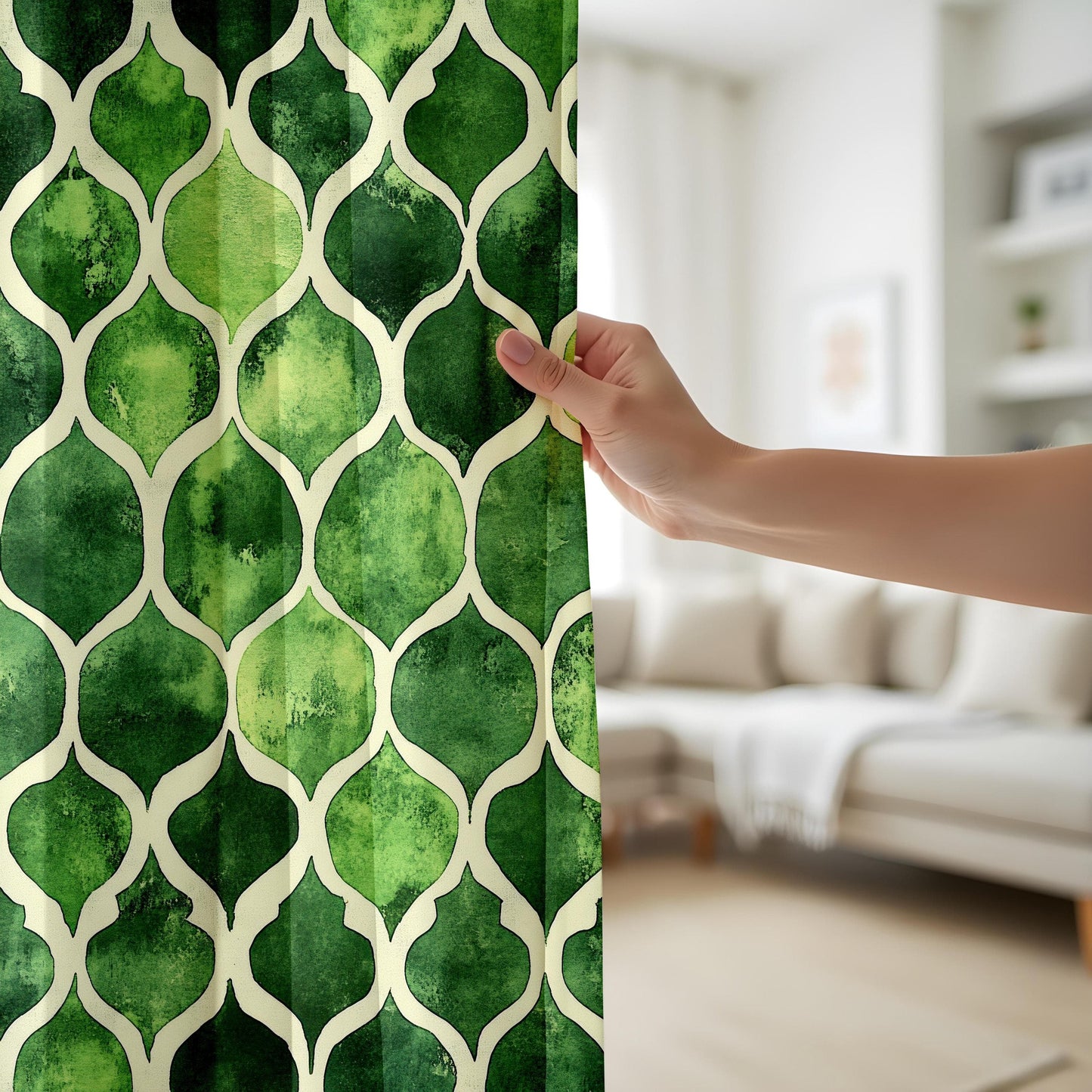 Onay Watercolor Green Geometric Living Room Curtains, Modern Abstract Window Drapes