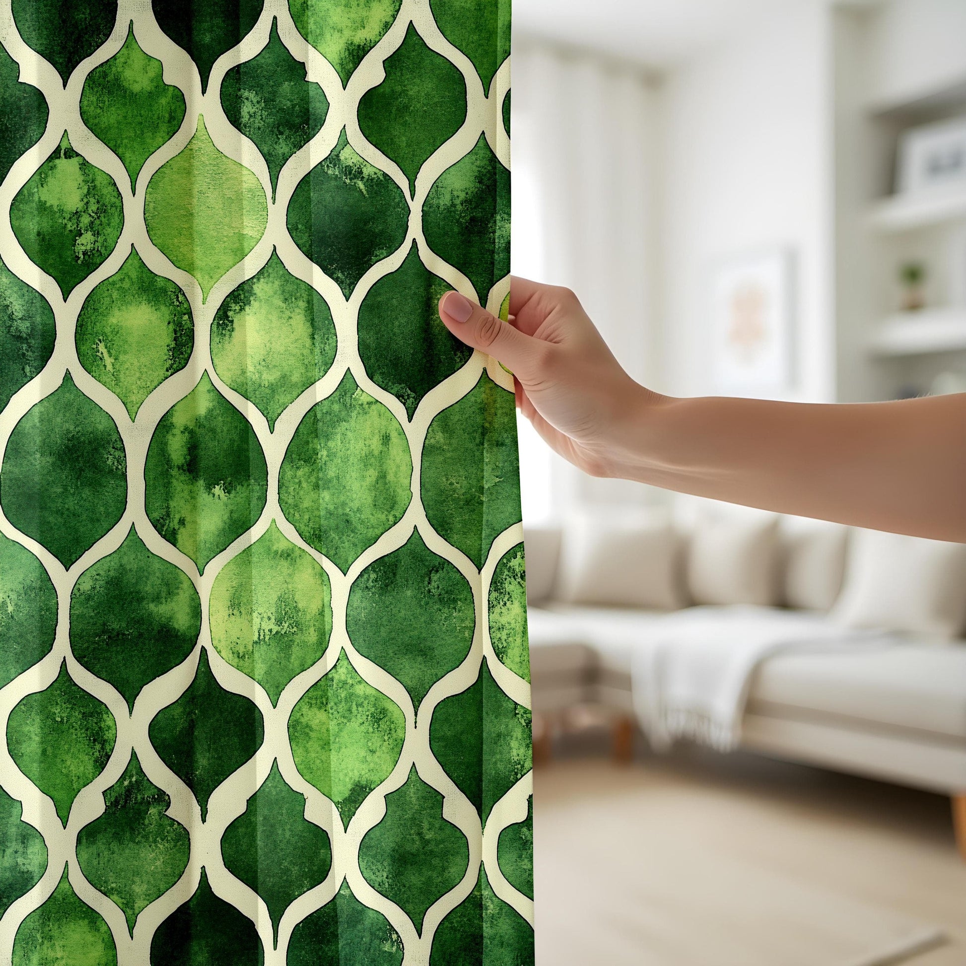 Onay Watercolor Green Geometric Living Room Curtains, Modern Abstract Window Drapes
