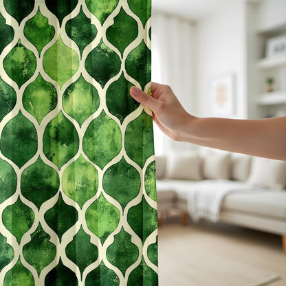 Onay Watercolor Green Geometric Living Room Curtains, Modern Abstract Window Drapes