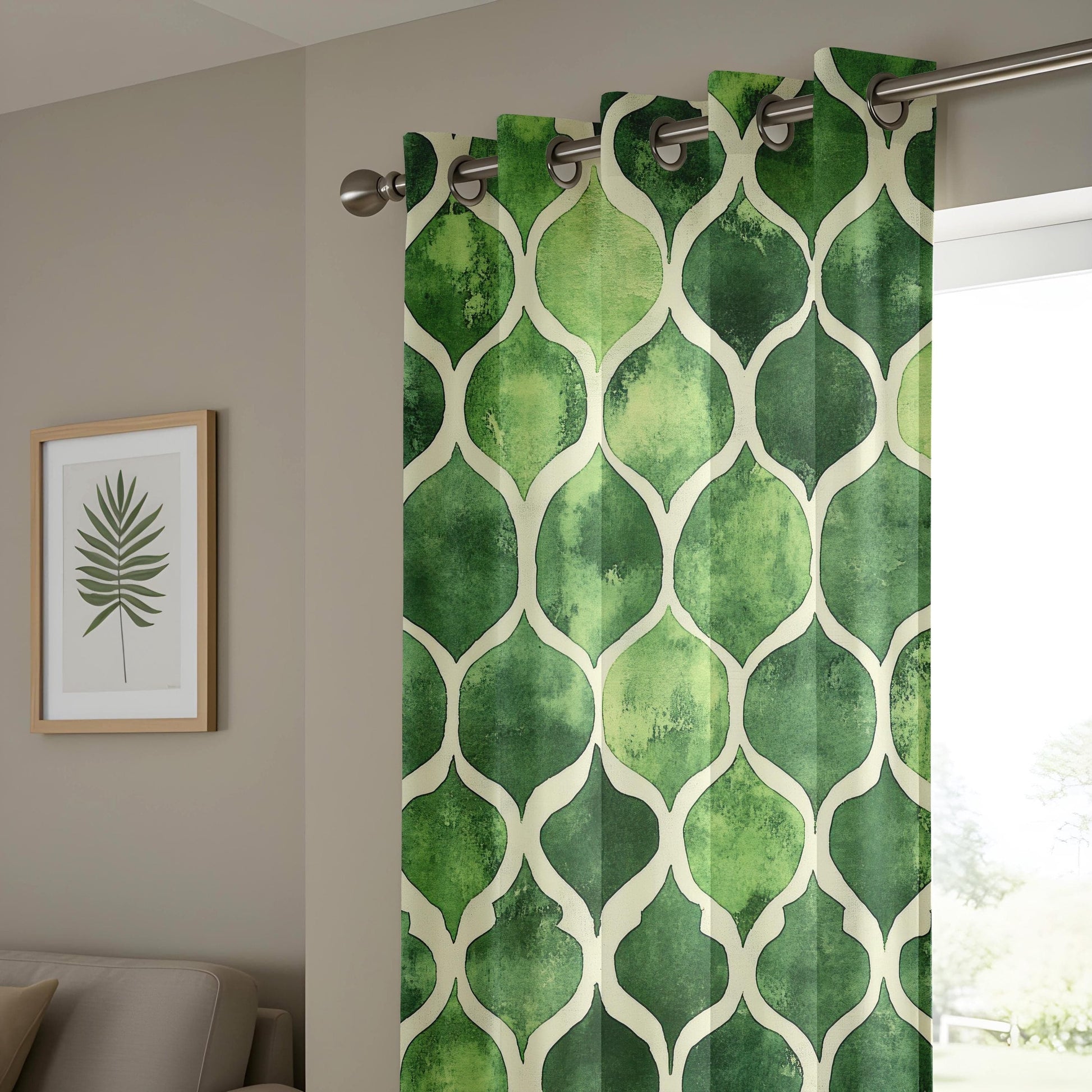 Onay Watercolor Green Geometric Living Room Curtains, Modern Abstract Window Drapes
