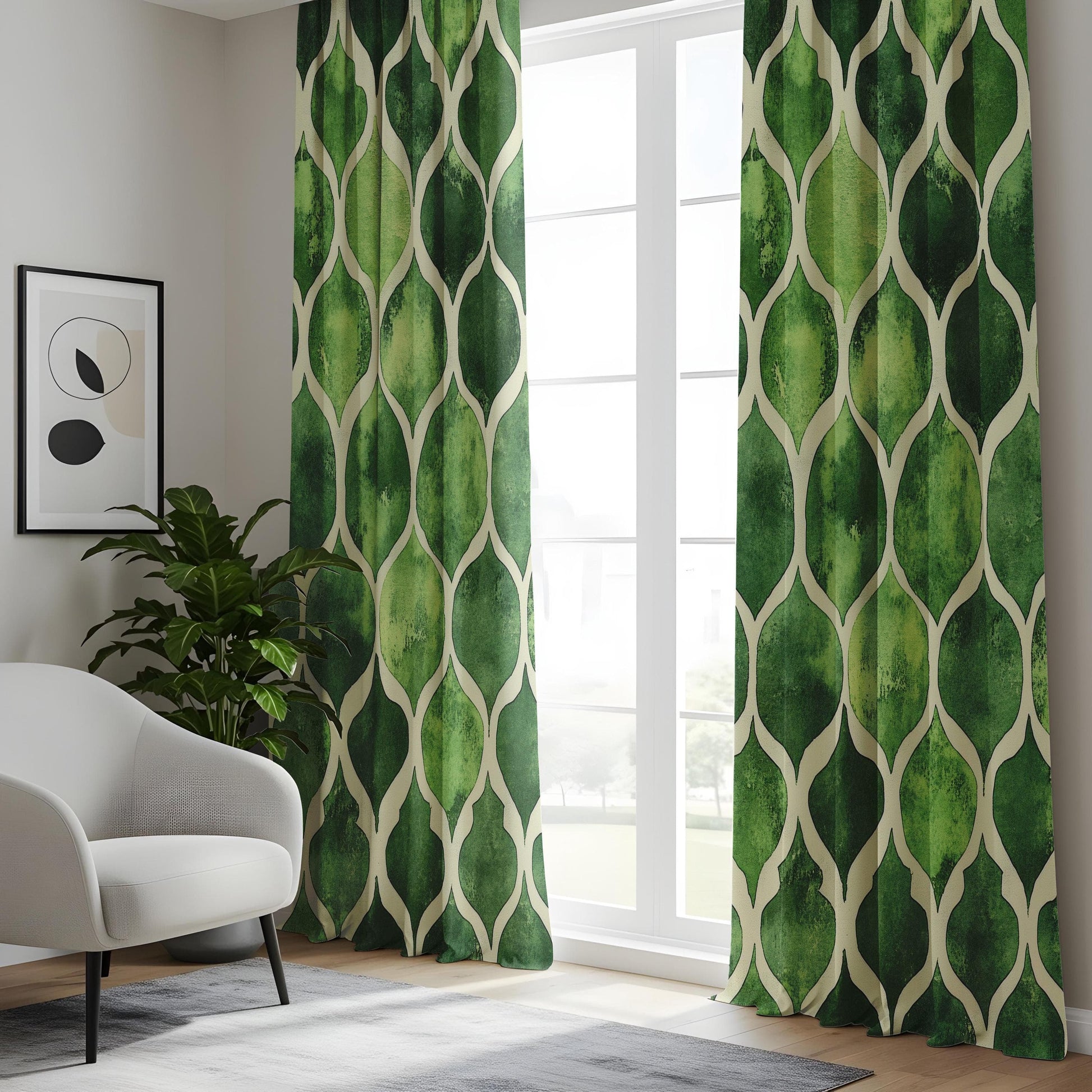 Onay Watercolor Green Geometric Living Room Curtains, Modern Abstract Window Drapes