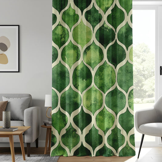Onay Watercolor Green Geometric Living Room Curtains, Modern Abstract Window Drapes