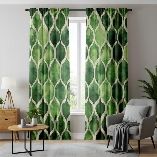 Onay Watercolor Green Geometric Living Room Curtains, Modern Abstract Window Drapes