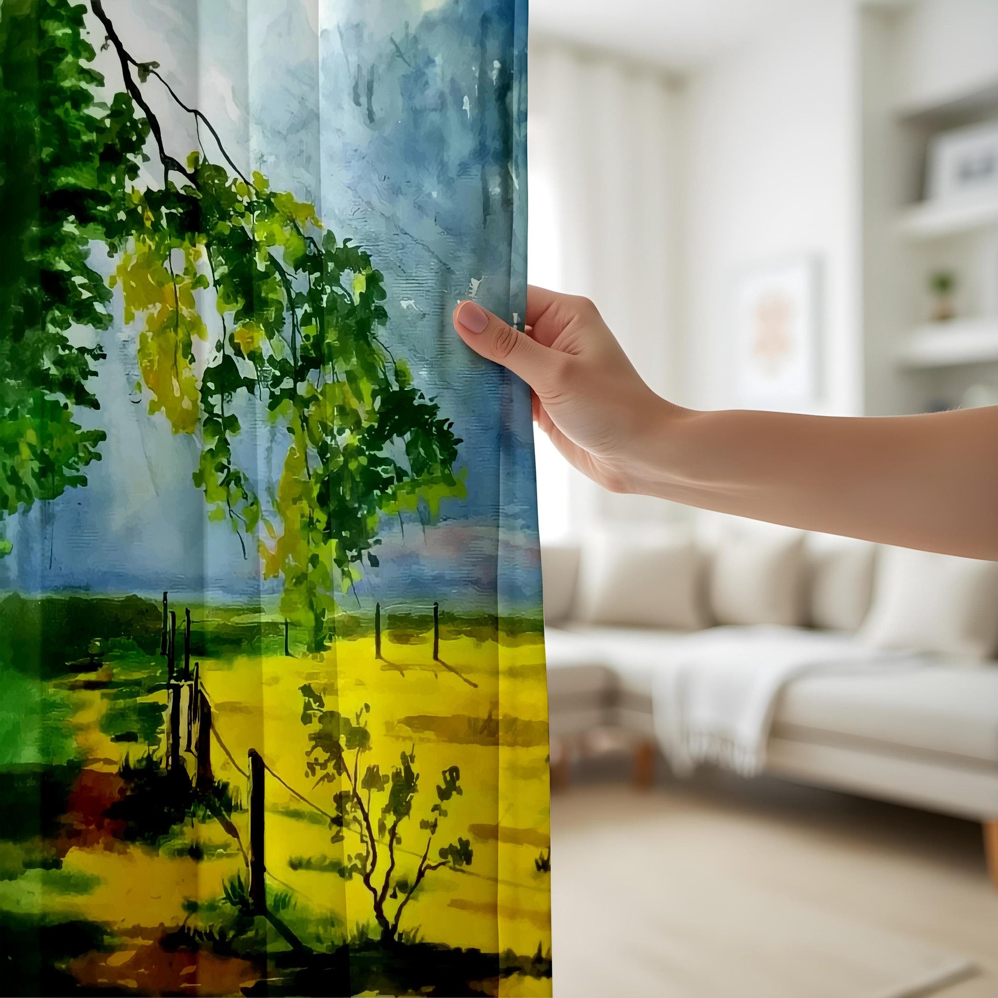 Onay Watercolor Nature Curtains – Lush Greenery & Yellow Field Landscape Drapes
