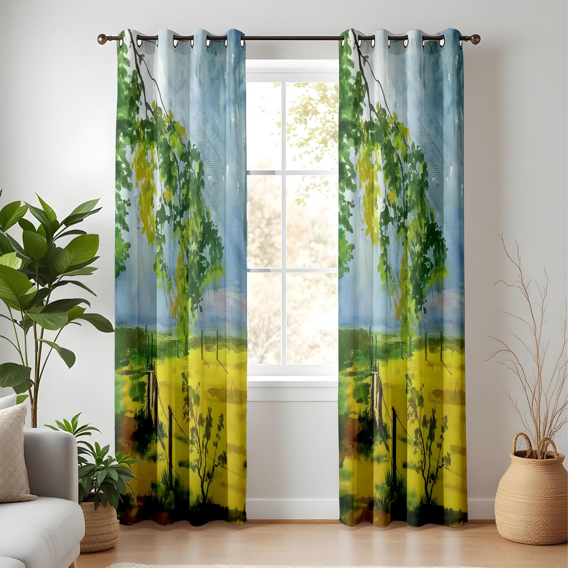 Onay Watercolor Nature Curtains – Lush Greenery & Yellow Field Landscape Drapes