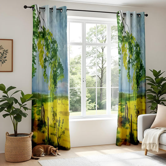 Onay Watercolor Nature Curtains – Lush Greenery & Yellow Field Landscape Drapes
