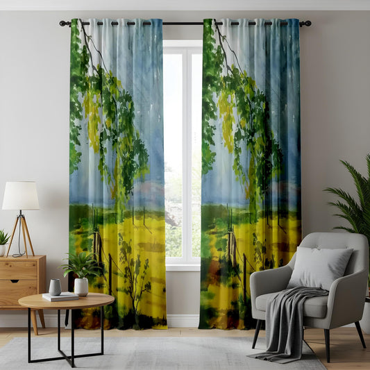 Onay Watercolor Nature Curtains – Lush Greenery & Yellow Field Landscape Drapes