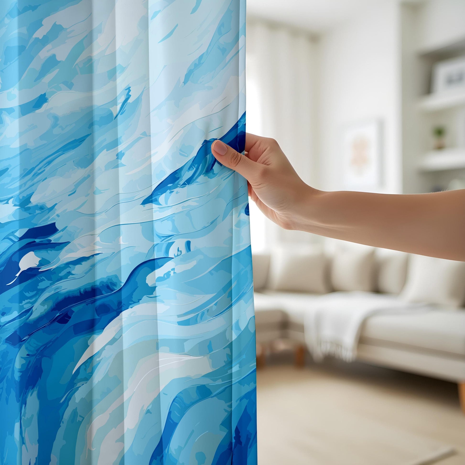 Onay Watercolor Ocean Themed Curtains, Artistic Blue Drapes, Tranquil Wave Pattern
