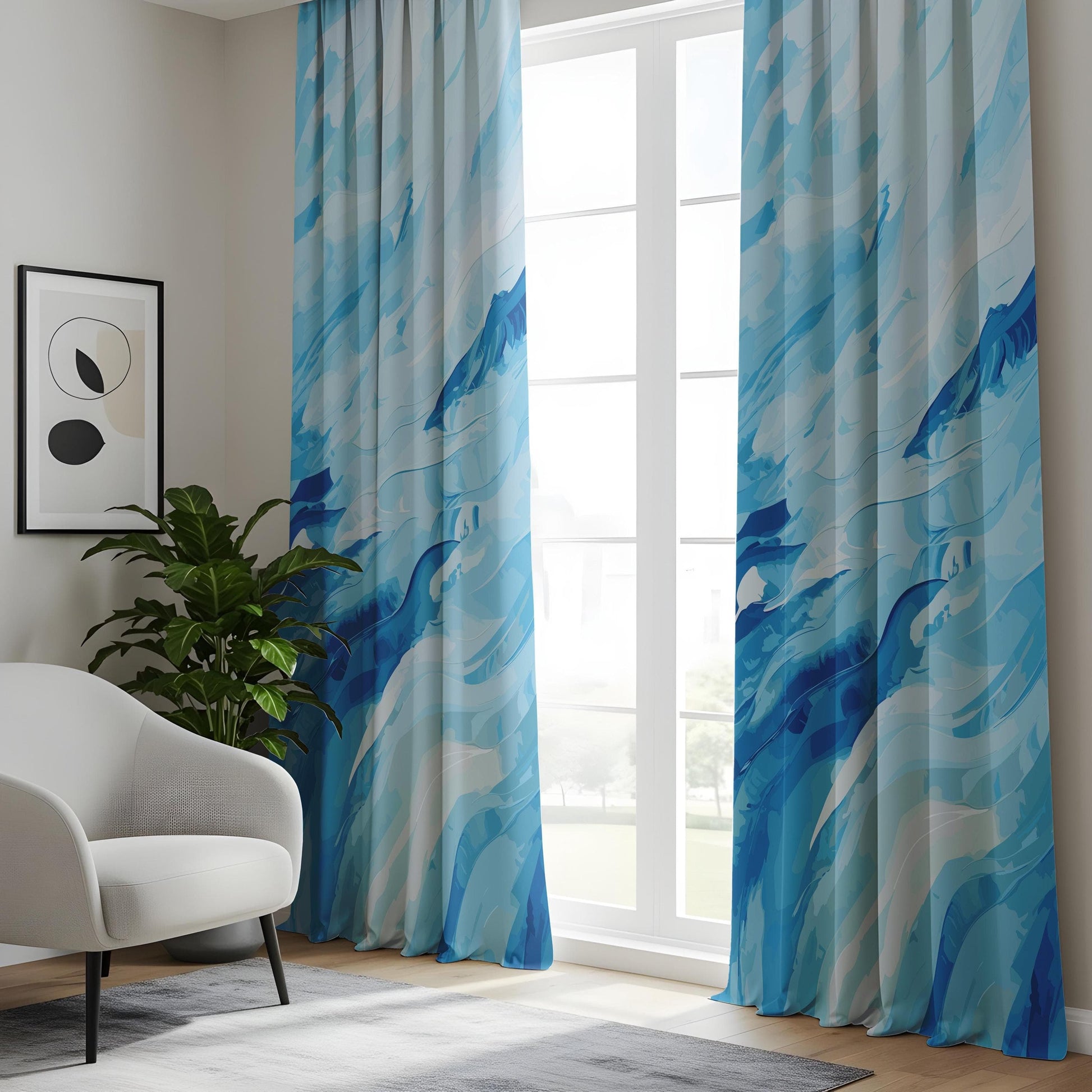Onay Watercolor Ocean Themed Curtains, Artistic Blue Drapes, Tranquil Wave Pattern