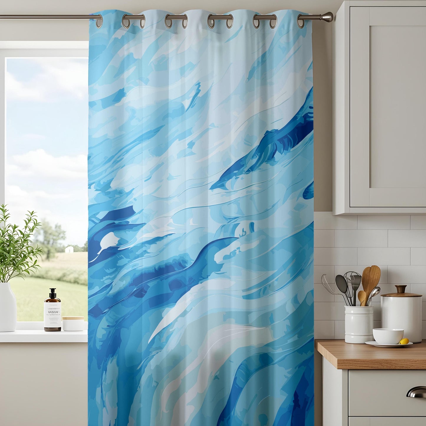 Onay Watercolor Ocean Themed Curtains, Artistic Blue Drapes, Tranquil Wave Pattern