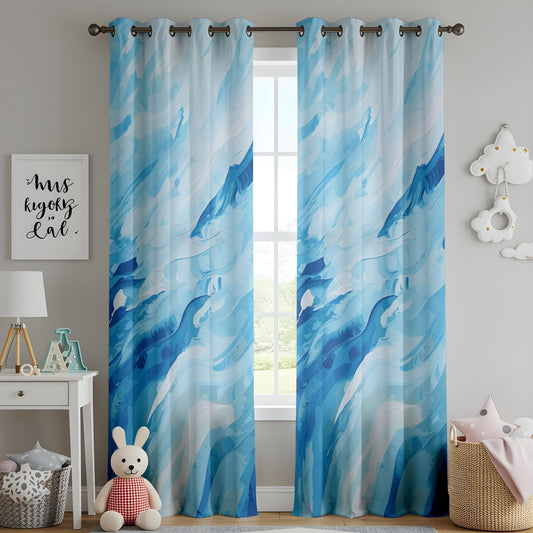 Onay Watercolor Ocean Themed Curtains, Artistic Blue Drapes, Tranquil Wave Pattern