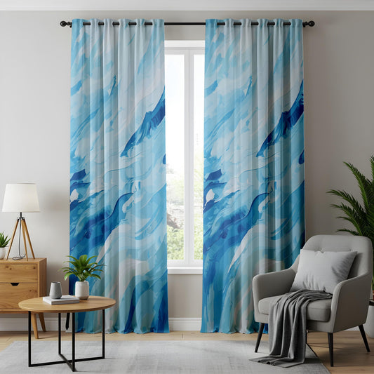 Onay Watercolor Ocean Themed Curtains, Artistic Blue Drapes, Tranquil Wave Pattern