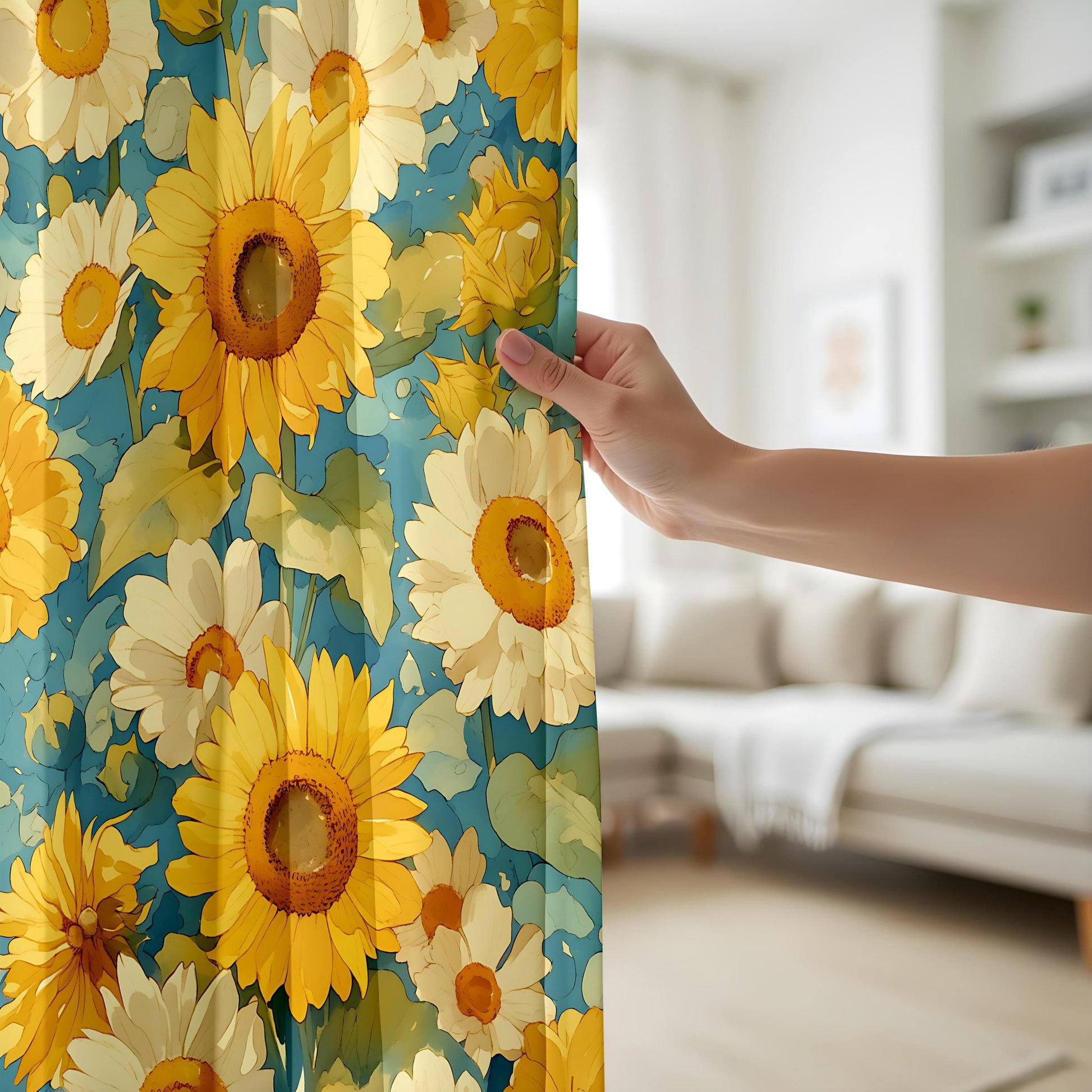 Onay Watercolor Sunflower Curtains, Yellow Floral Kitchen Drapes