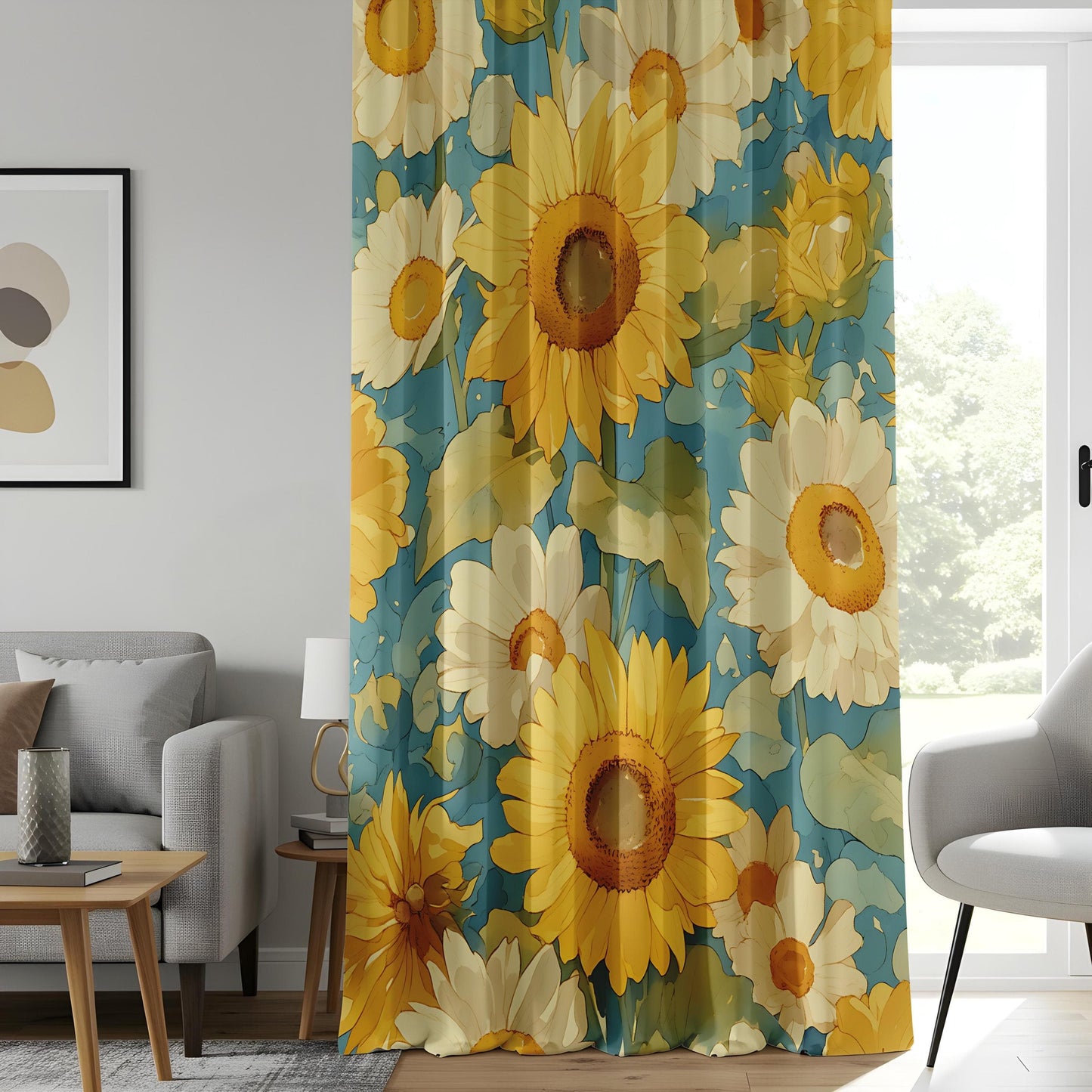 Onay Watercolor Sunflower Curtains, Yellow Floral Kitchen Drapes