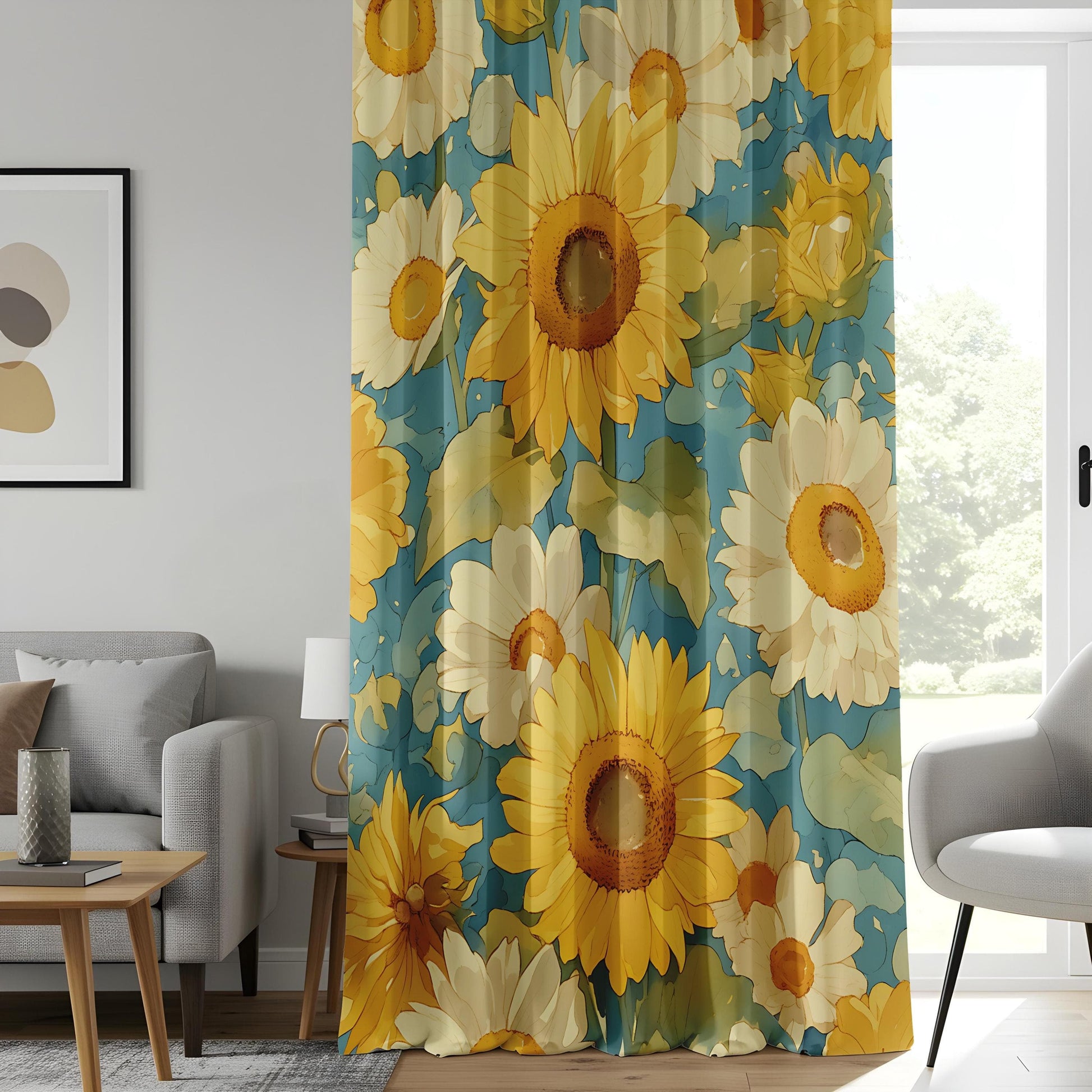 Onay Watercolor Sunflower Curtains, Yellow Floral Kitchen Drapes