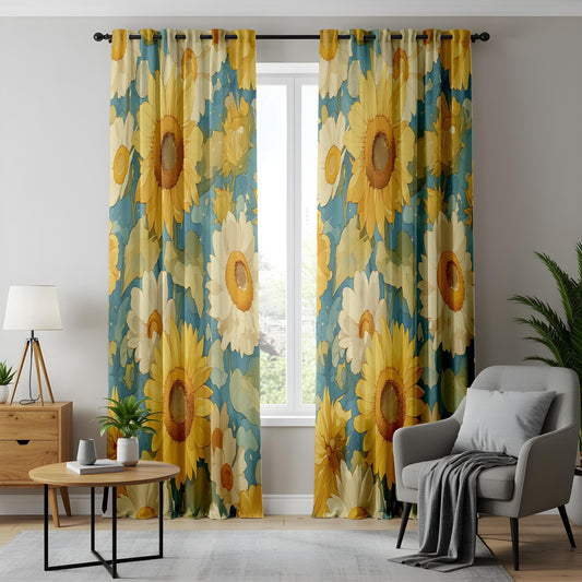 Onay Watercolor Sunflower Curtains, Yellow Floral Kitchen Drapes