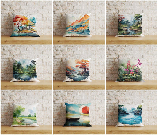 Onay Cushion Covers Watercolor Zen Garden Cushion Covers Montain Tree Jungle and Sun Pillow Case