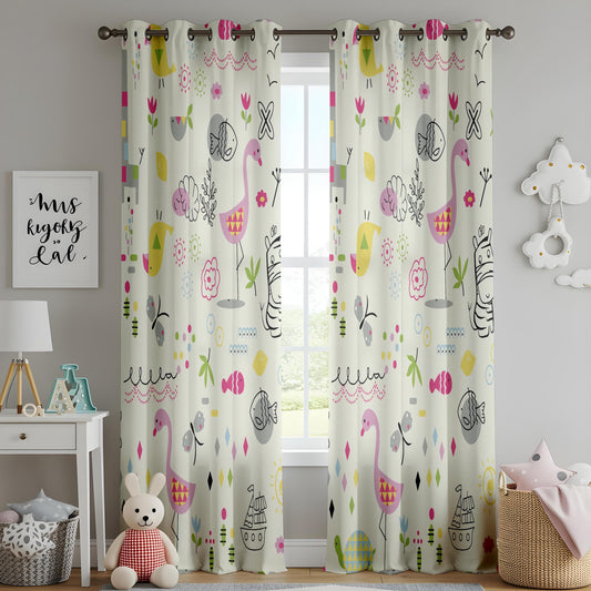 Onay Whimsical Animal Safari Curtains for Kids Room, Bright Cartoon Window Drapes
