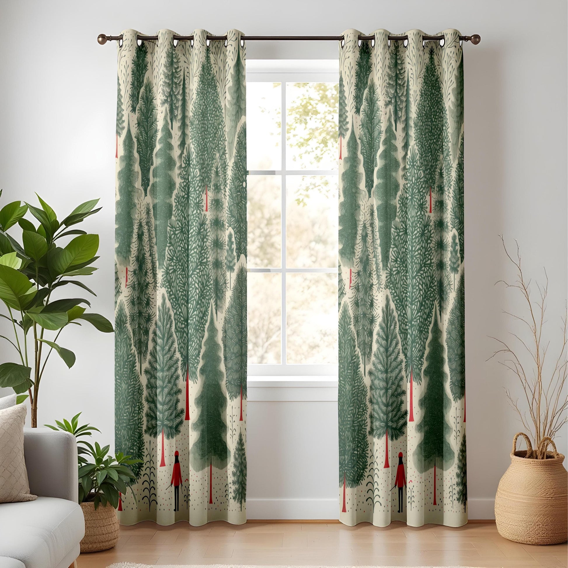 Onay Whimsical Forest Curtains – Nordic Pine Tree Drapes with Red Figure Design