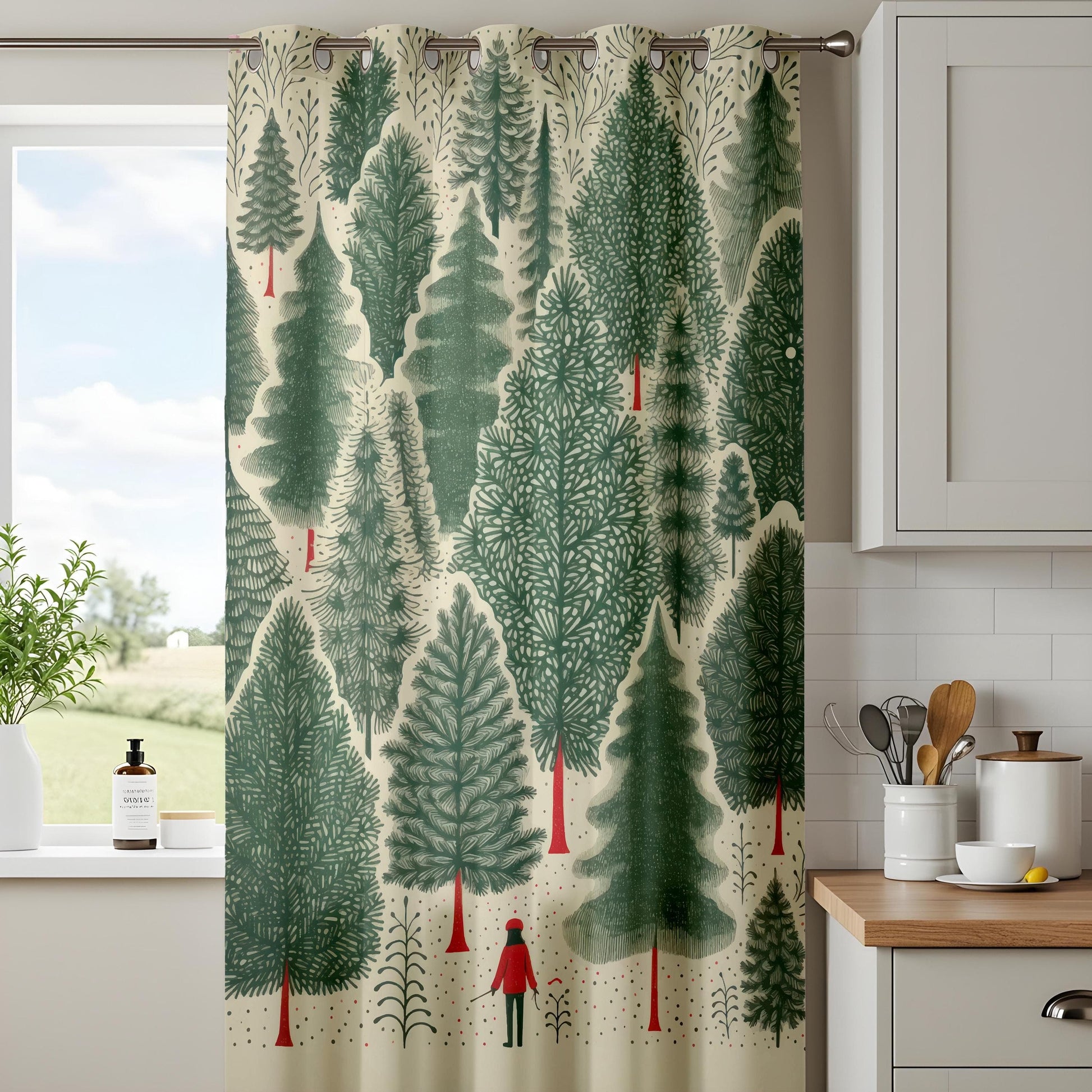 Onay Whimsical Forest Curtains – Nordic Pine Tree Drapes with Red Figure Design