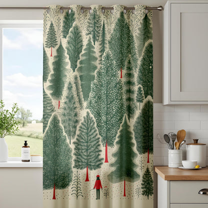 Onay Whimsical Forest Curtains – Nordic Pine Tree Drapes with Red Figure Design