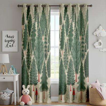 Onay Whimsical Forest Curtains – Nordic Pine Tree Drapes with Red Figure Design